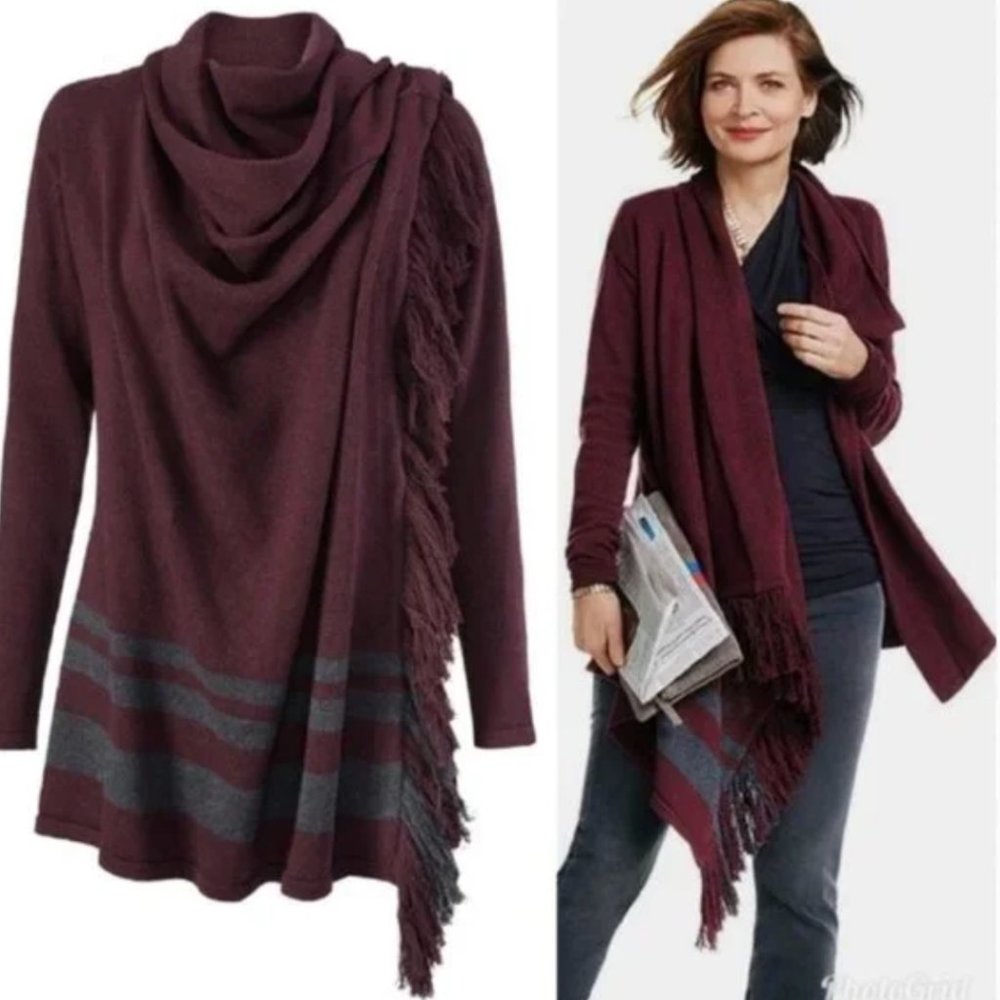 CAbi Burgundy and Gray Fringe Cardigan